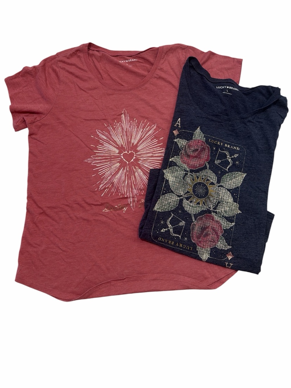 Lucky Brand women’s Graphic soft Tshirt pack Heart Burst & floral Design size L